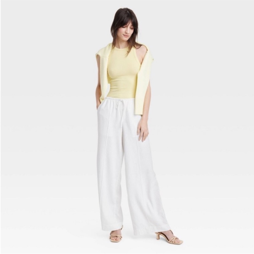 NWT Women's High-Rise Wide Leg Linen Pull-On Pants A New Day White New Sz XLarge